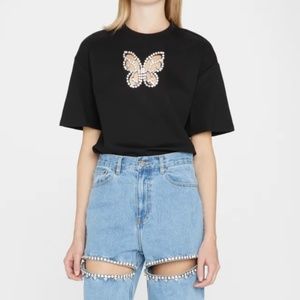 AREA Butterfly Crystal T-Shirt Black Crew Neck Short Sleeve NWT